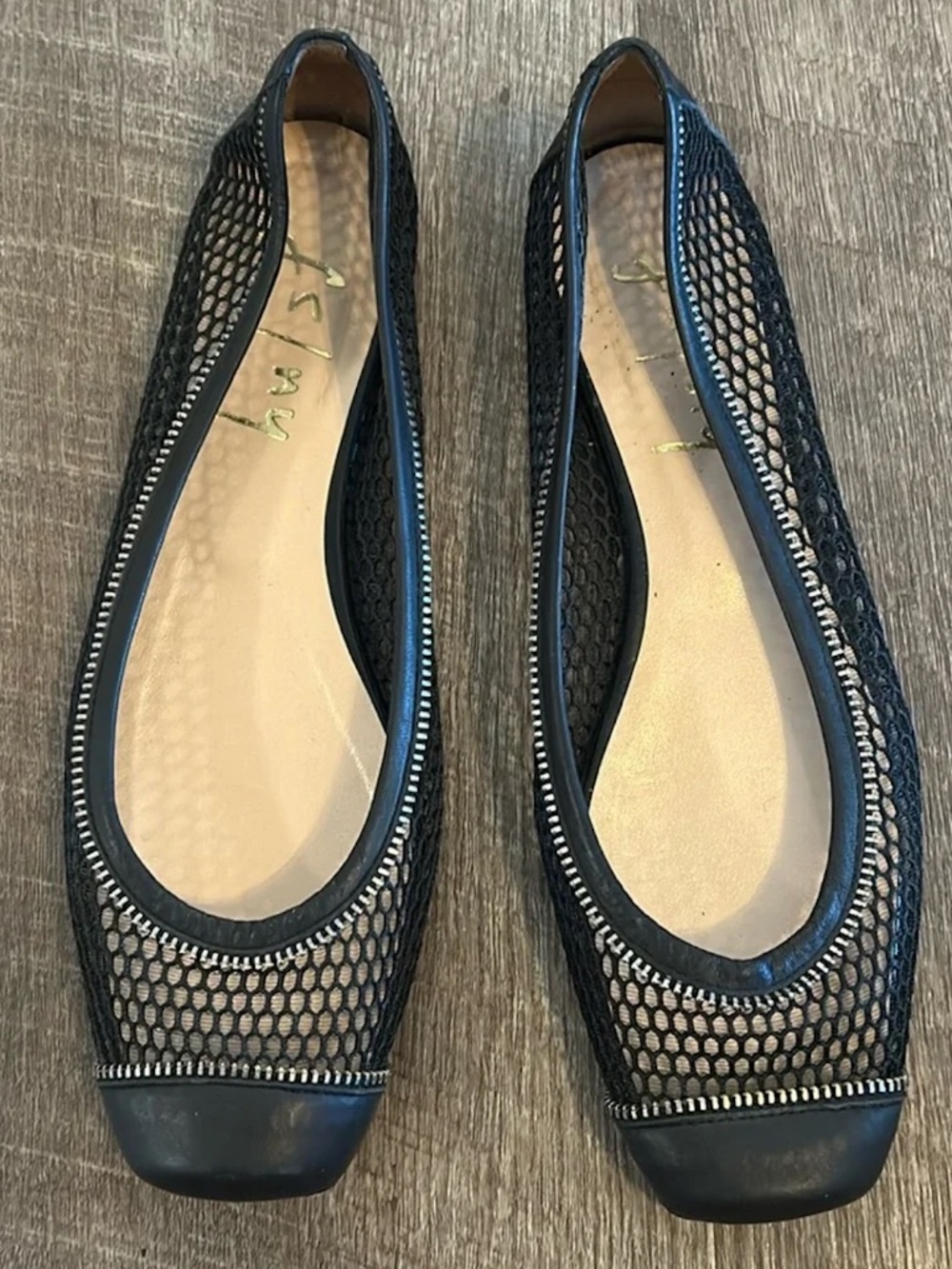 Mesh Black and Silver Ballet Flats Genuine Leather 7.5 B GUC Square Toe Trendy